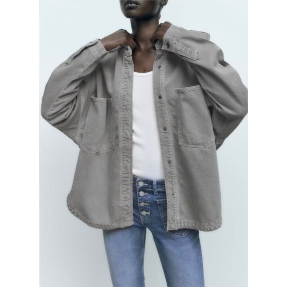 Zara Denim Overshirt Shacket Womens‎ XXS Oversized Jacket Olive Gorp Lagen Boho